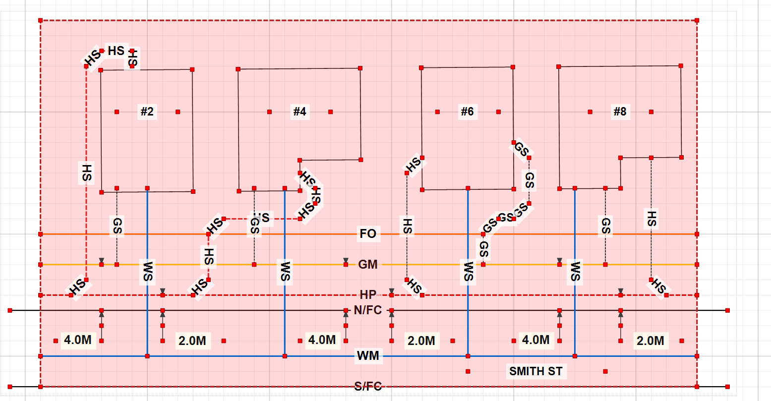 A utility locate sketch drawn in DrawPyCS: colored water, gas, power and communication lines, hydrant, valve and manhole symbols, leader labels and a north arrow.