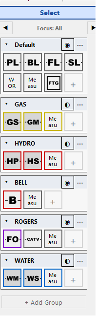 The DrawPyCS Quick Access dock: tool groups for Default, Gas, Hydro, Bell, Rogers and Water, each with its own colored buttons and a visibility toggle.