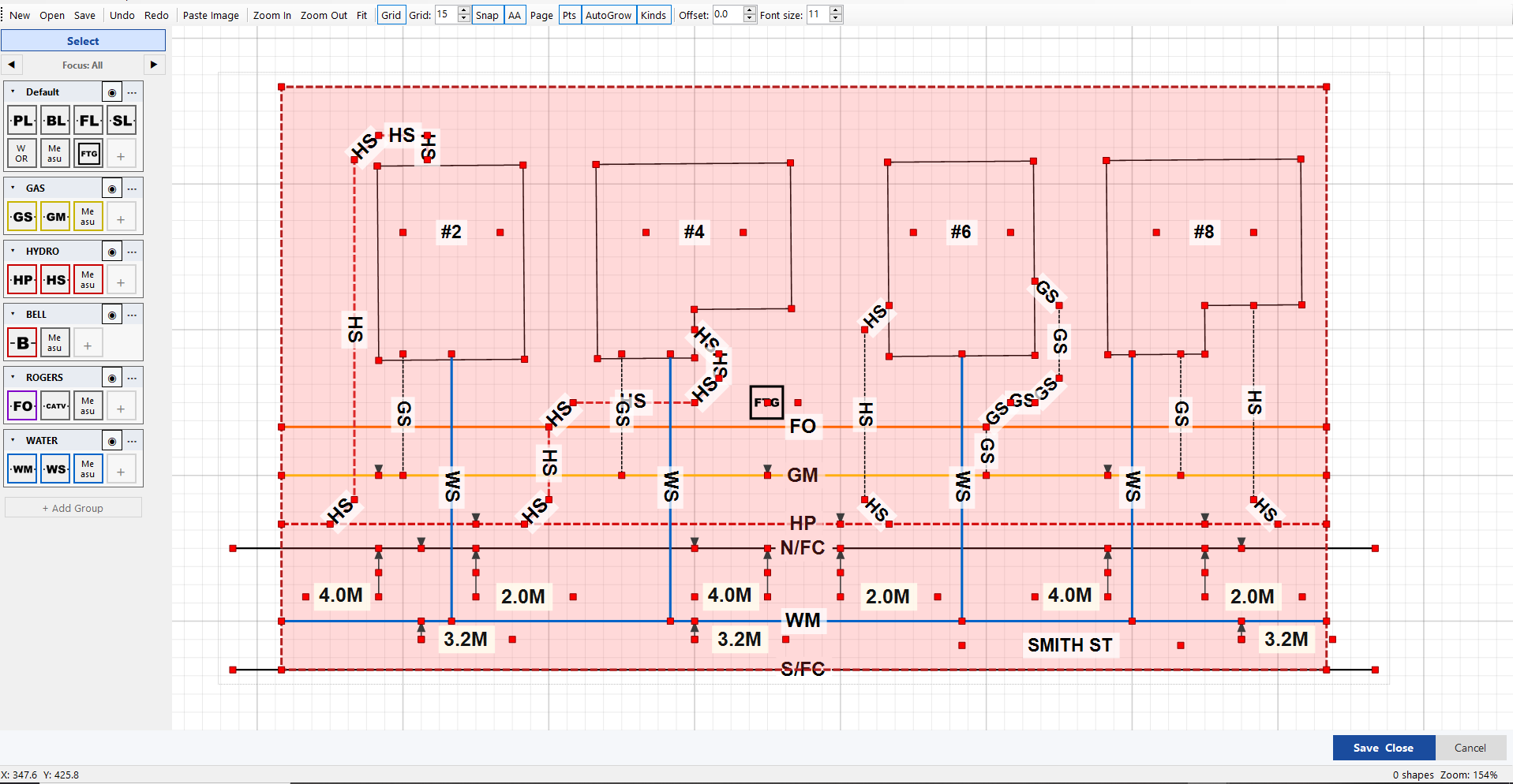 The full locate sketch with every utility layer visible at once.
