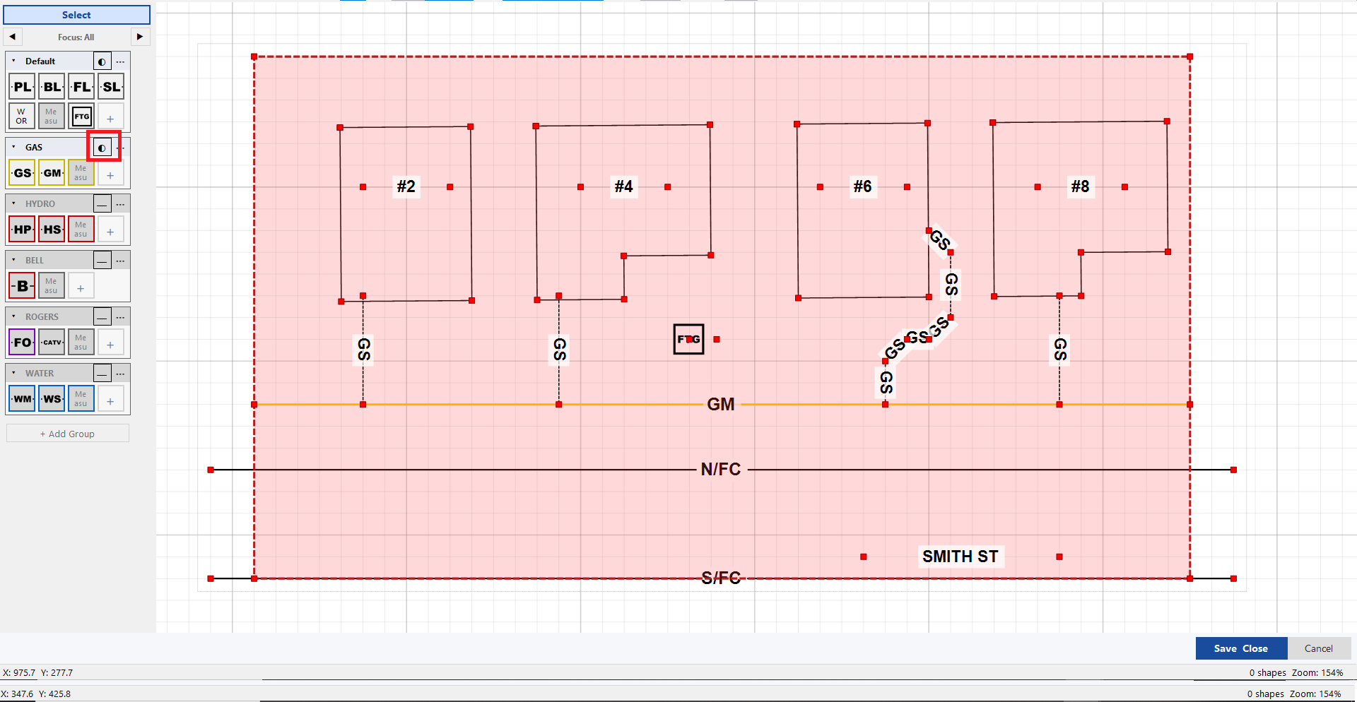 The same sketch with only the gas layer showing - yellow mains, services and valves.