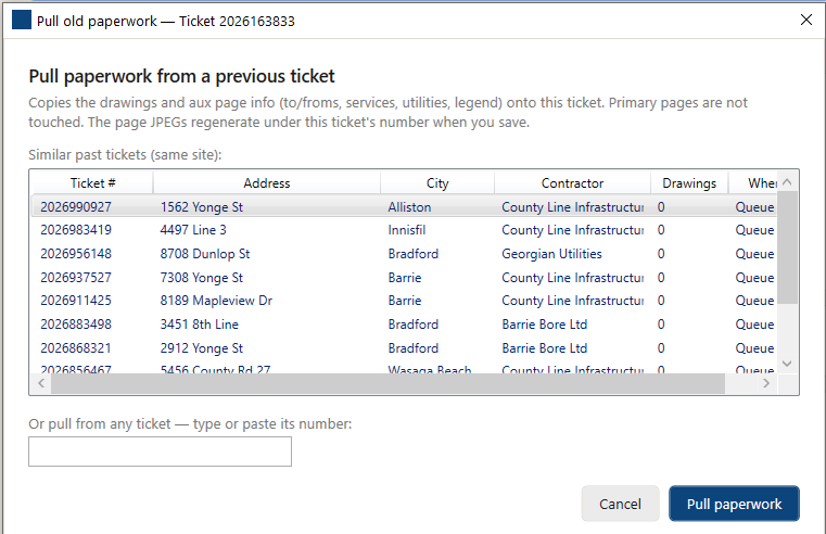 The pull-paperwork dialog: earlier tickets for the same job scored best-match-first, showing where each one lives and how many drawings it carries.