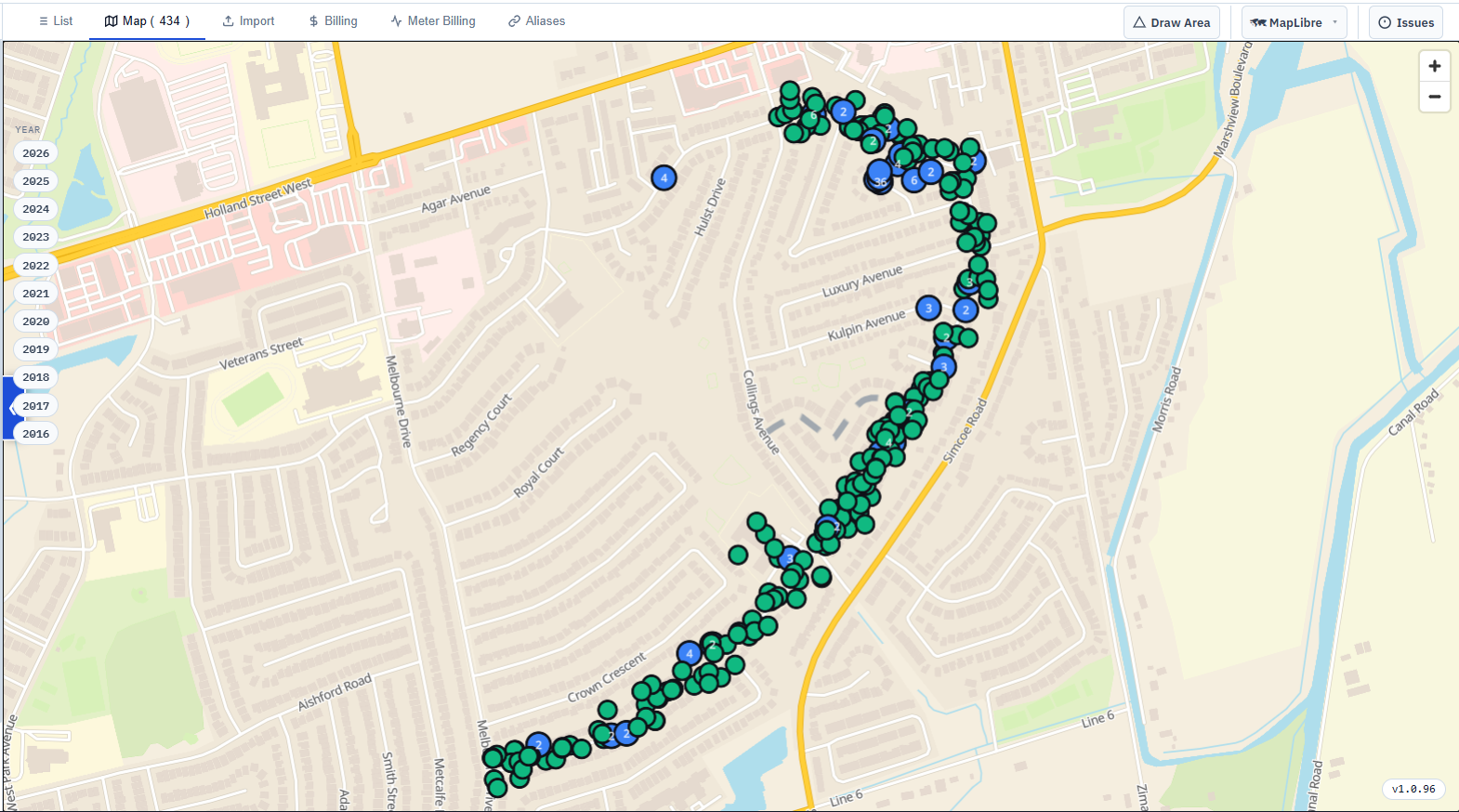 Geo Mapper's map view: historical locate tickets plotted as pins over a vector basemap, with one pin's detail popup open.
