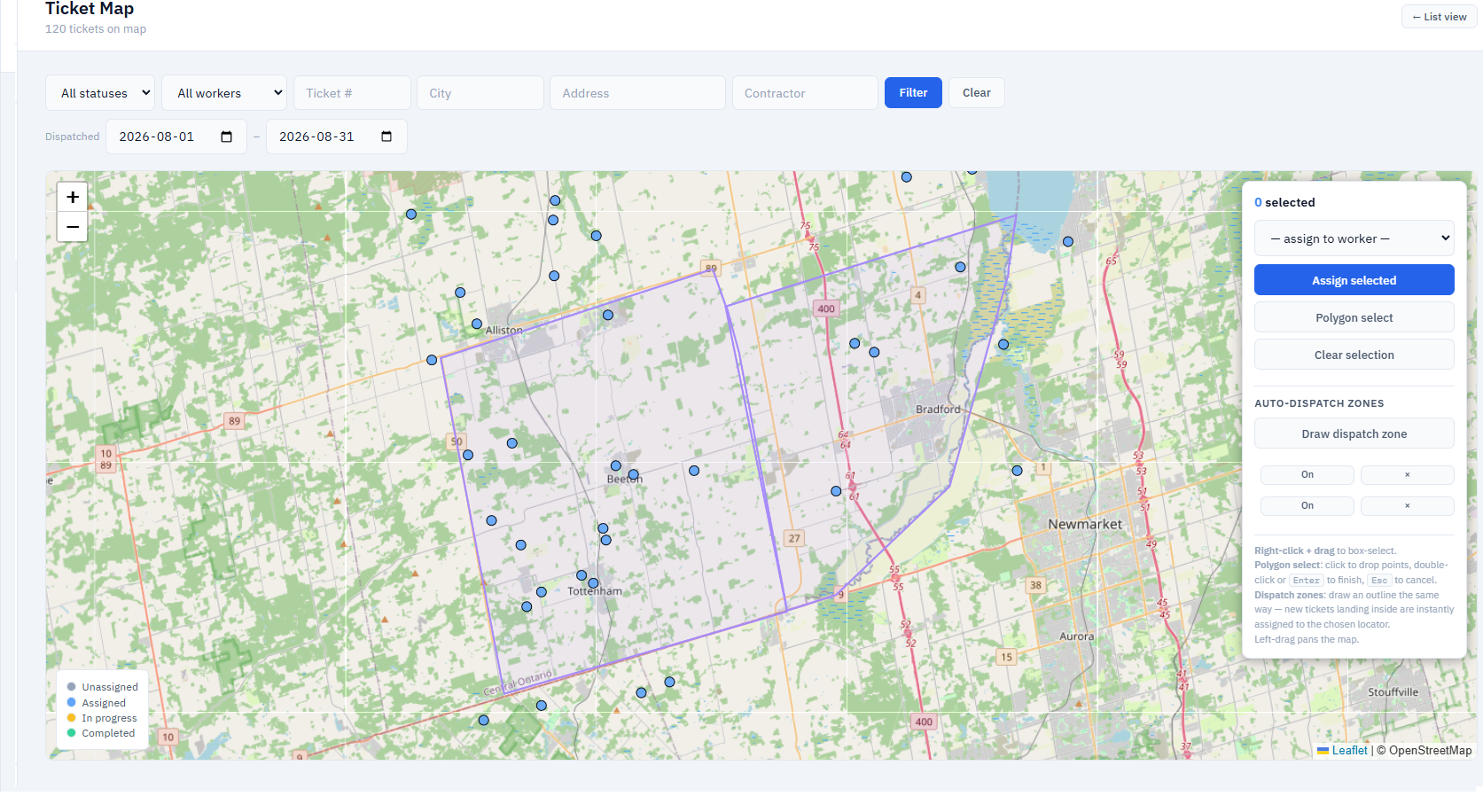 The dispatch map: drawn auto-dispatch zones over a basemap with ticket pins inside them colored as dispatched.